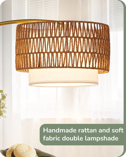 Gold Arched Boho Floor Lamp with Rattan Shade