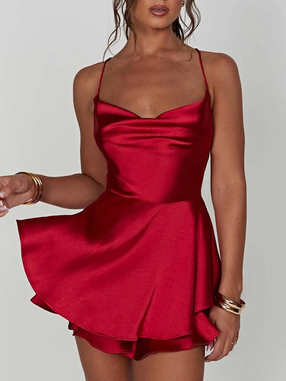 Satin Silk Women Cami Playsuit Dress Mini Romper for Summer