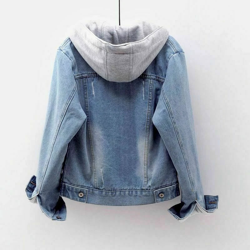 Retro Blue Fur Lined Jean Jacket with Hoodie