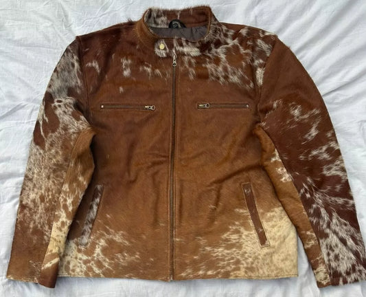 Men Brown White Cowhide Jacket