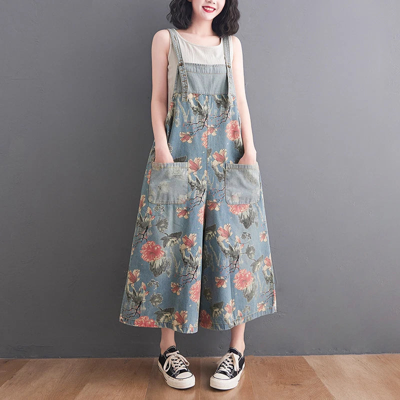 Floral denim overalls for women wide leg suspender pants