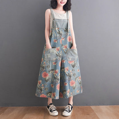 Floral denim overalls for women wide leg suspender pants