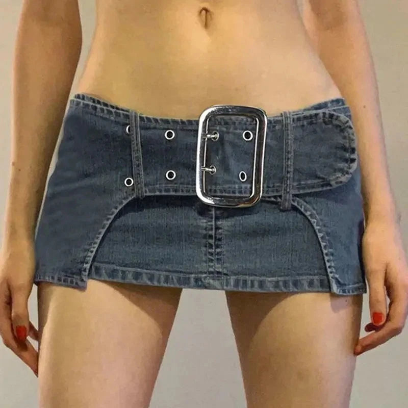 Blue jean mini skirt with silver buckle belt