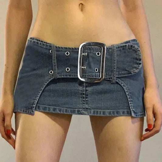 Blue jean mini skirt with silver buckle belt