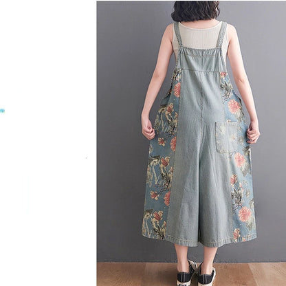 Floral denim overalls for women wide leg suspender pants