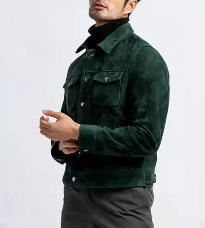 Men’s Dark Green Suede Trucker Jacket Matte Finish