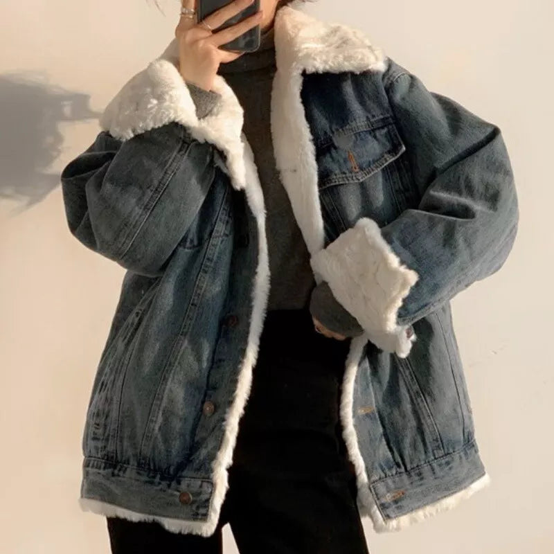 Oversized Faux Fur Lined Denim Jacket for Women