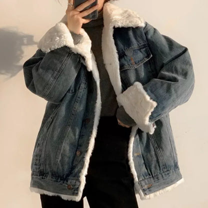 Oversized Faux Fur Lined Denim Jacket for Women