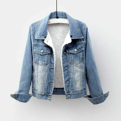 Retro Blue Fur Lined Jean Jacket with Hoodie