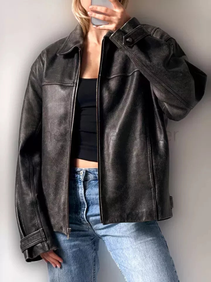 Leather Bomber Oversized Jacket Women