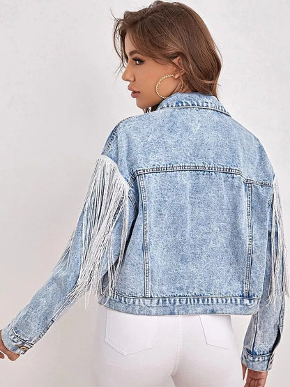 Light Wash Cropped Jean Jacket with Tassel Detail