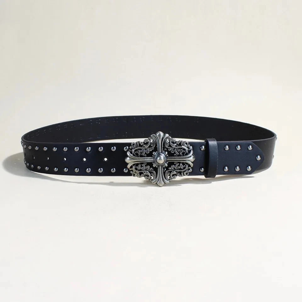 Women's studded black leather belt for jeans