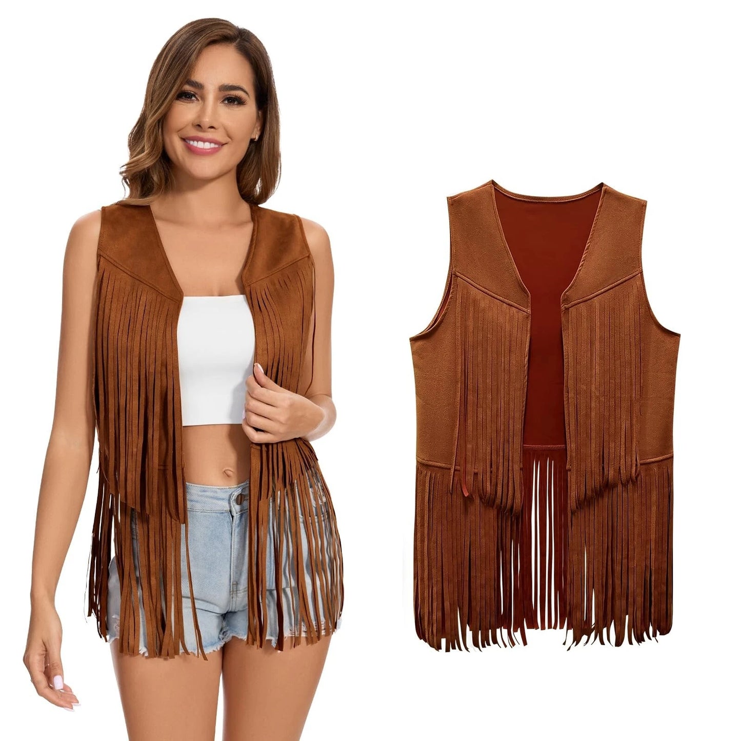 Black Faux Suede Fringe Vest for Women