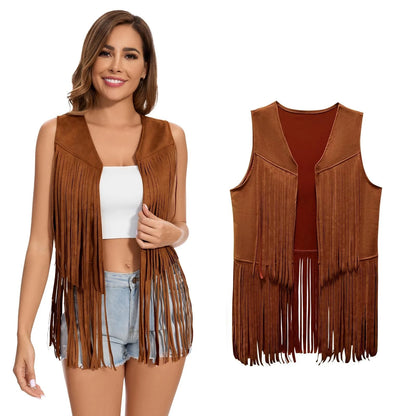 Black Faux Suede Fringe Vest for Women