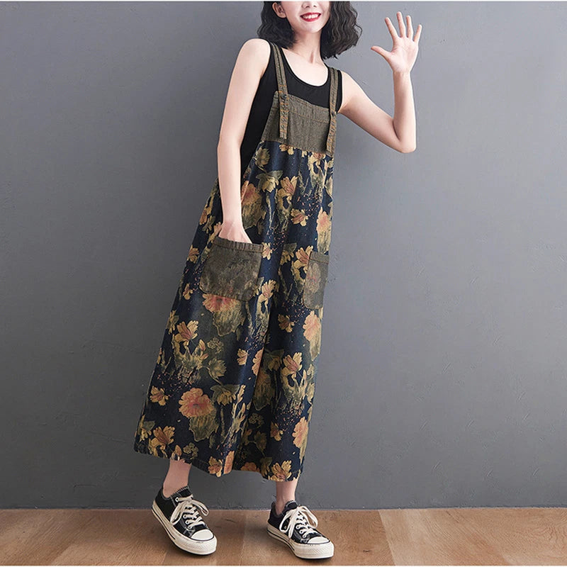 Floral denim overalls for women wide leg suspender pants
