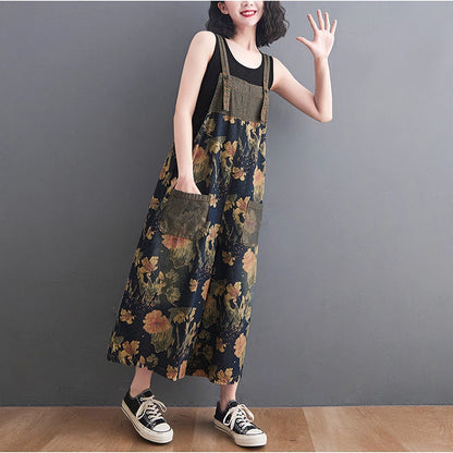 Floral denim overalls for women wide leg suspender pants