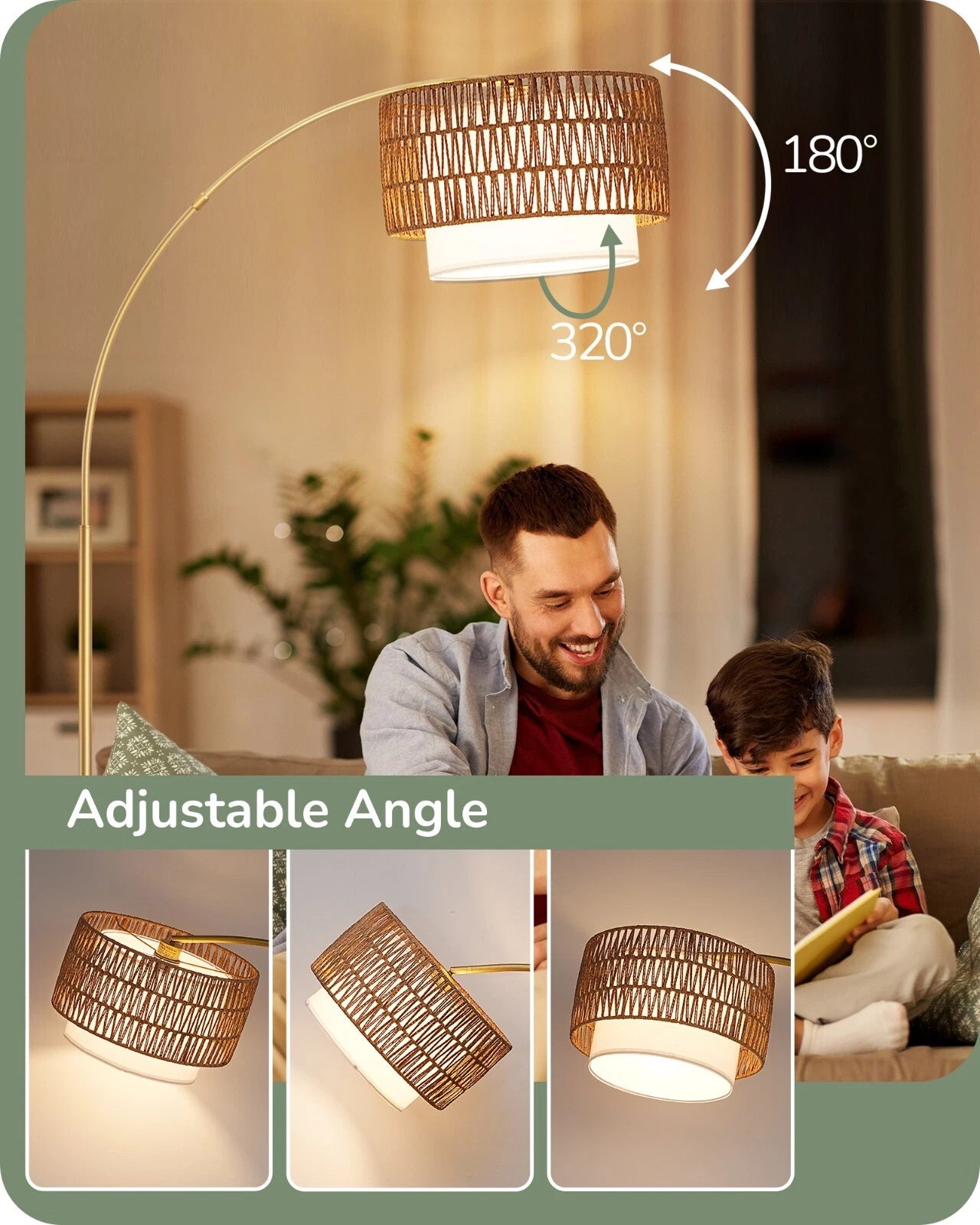 Gold Arched Boho Floor Lamp with Rattan Shade