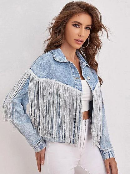 Light Wash Cropped Jean Jacket with Tassel Detail