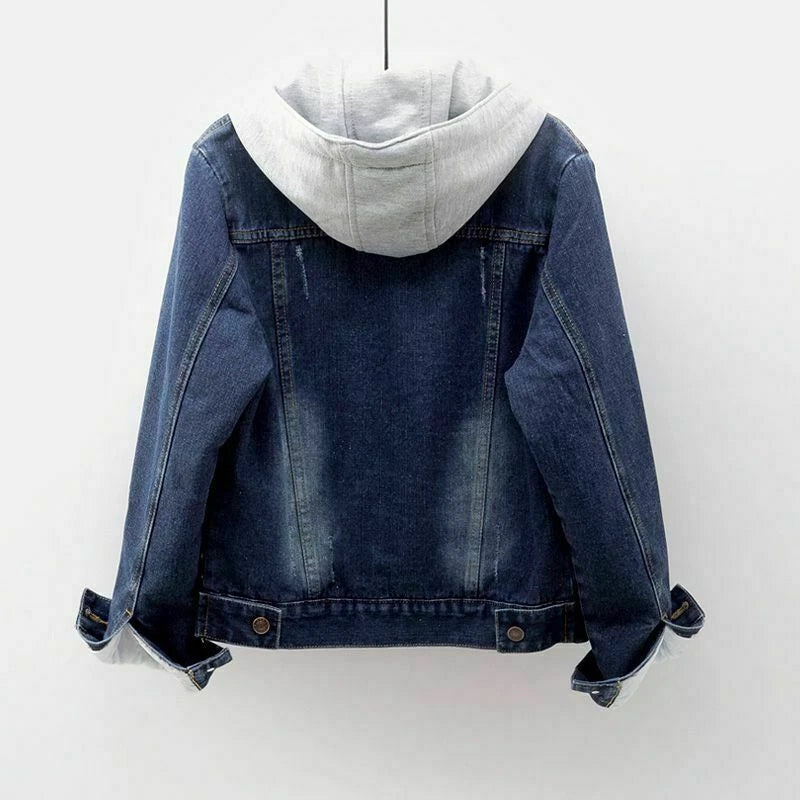 Retro Blue Fur Lined Jean Jacket with Hoodie