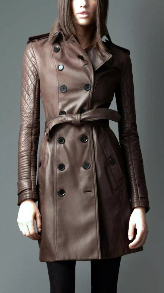 Women’s Brown Leather Trench Coat with Quilted Sleeves
