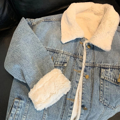Oversized Faux Fur Lined Denim Jacket for Women