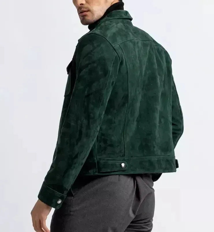 Men’s Dark Green Suede Trucker Jacket Matte Finish