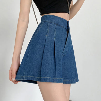 Wide Leg Pleated Women Denim Shorts