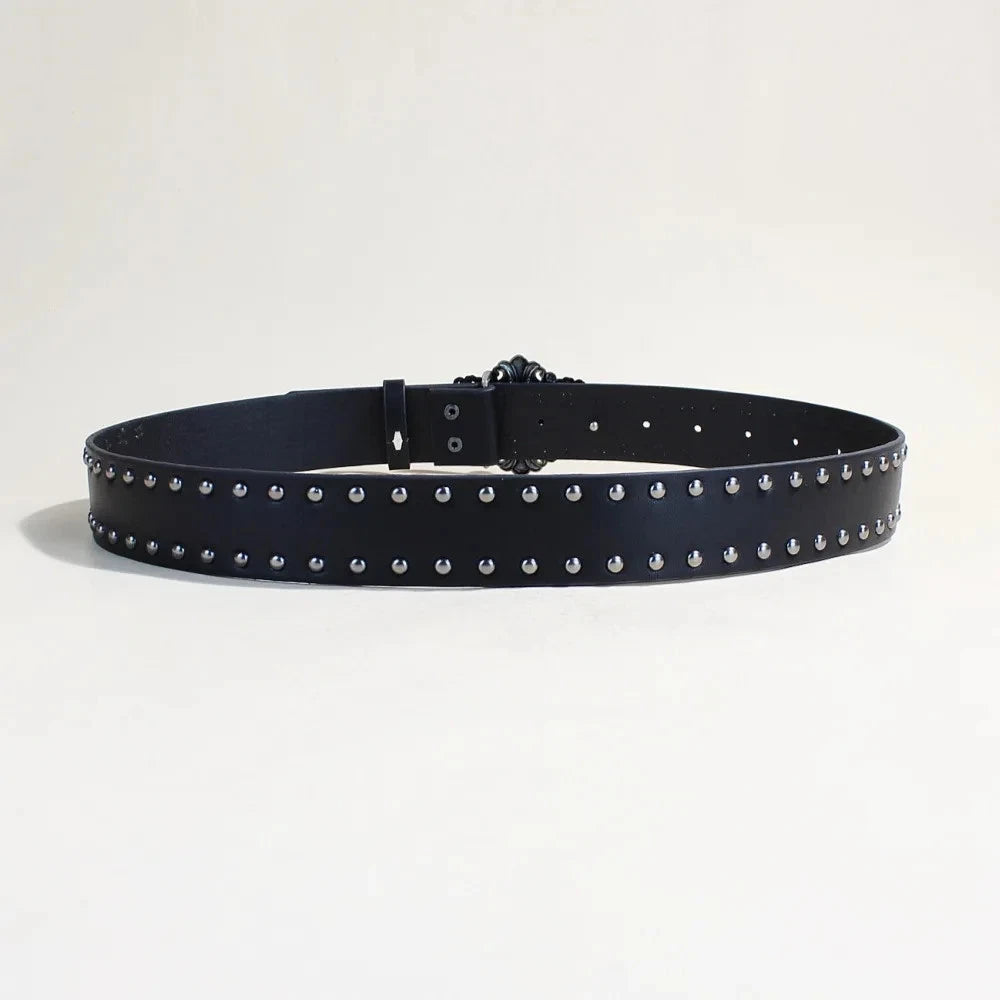 Women's studded black leather belt for jeans