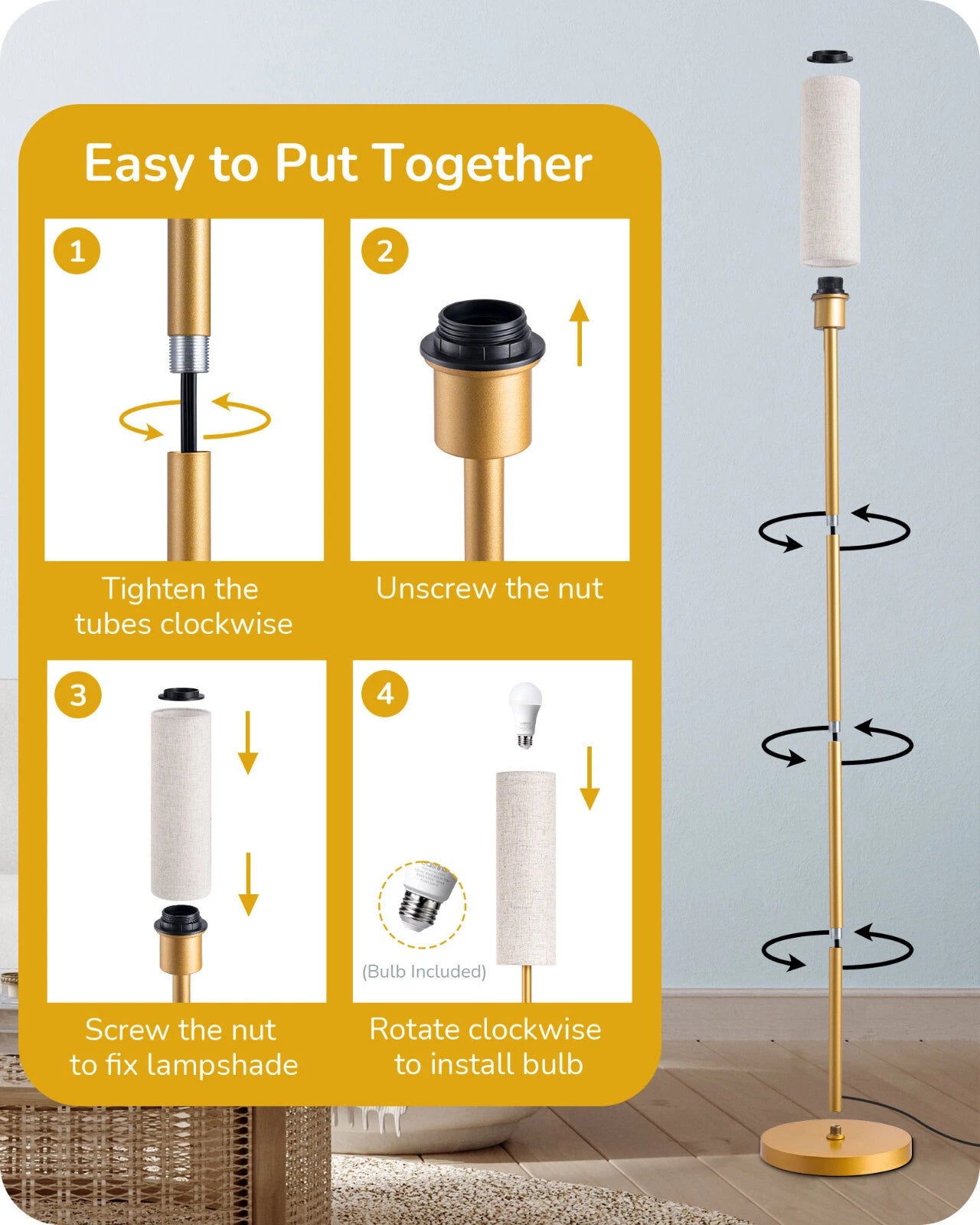 Corner Reading Floor Lamp with Remote Gold Standing Light