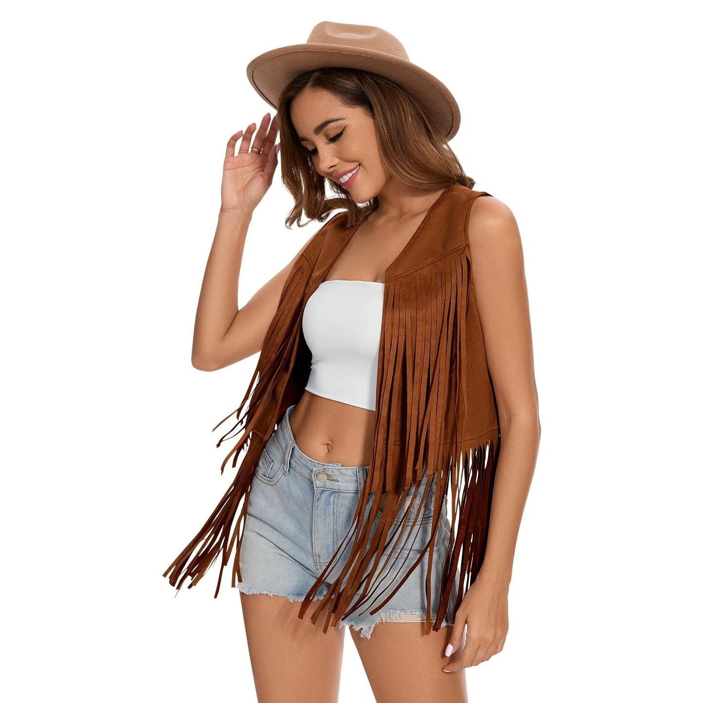 Black Faux Suede Fringe Vest for Women