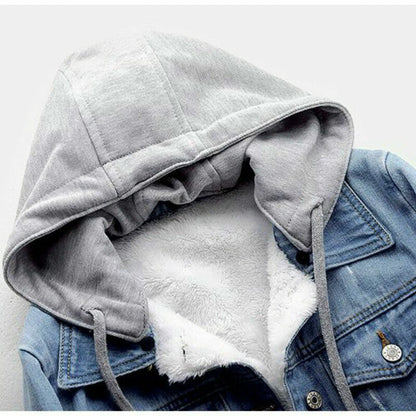 Retro Blue Fur Lined Jean Jacket with Hoodie
