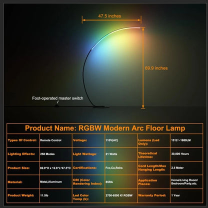 Black Arc Floor Lamp Modern Curved LED Light