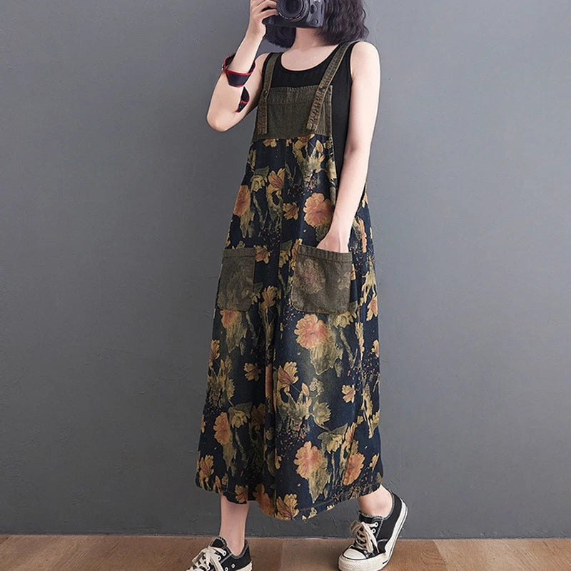 Floral denim overalls for women wide leg suspender pants