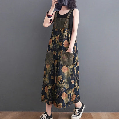Floral denim overalls for women wide leg suspender pants