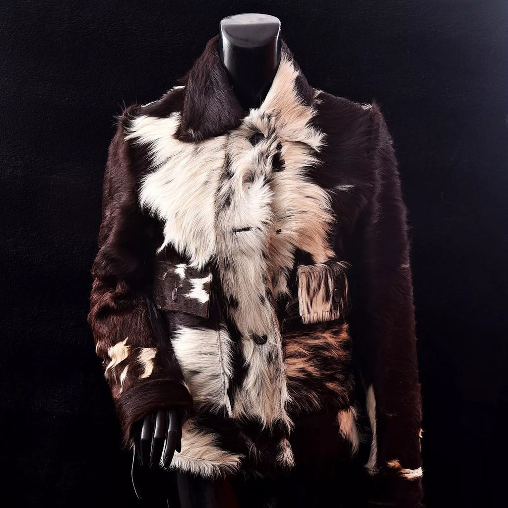 Women’s cowhide jacket with real hair-on cow skin in tricolor tones. Western-inspired coat made for bold cold-weather fashion.

