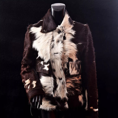 Women’s cowhide jacket with real hair-on cow skin in tricolor tones. Western-inspired coat made for bold cold-weather fashion.

