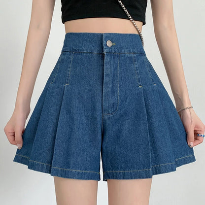 Wide Leg Pleated Women Denim Shorts