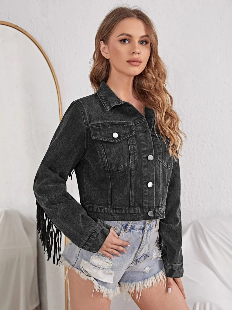 Cropped Fringe Jean Jacket for Casual Streetwear