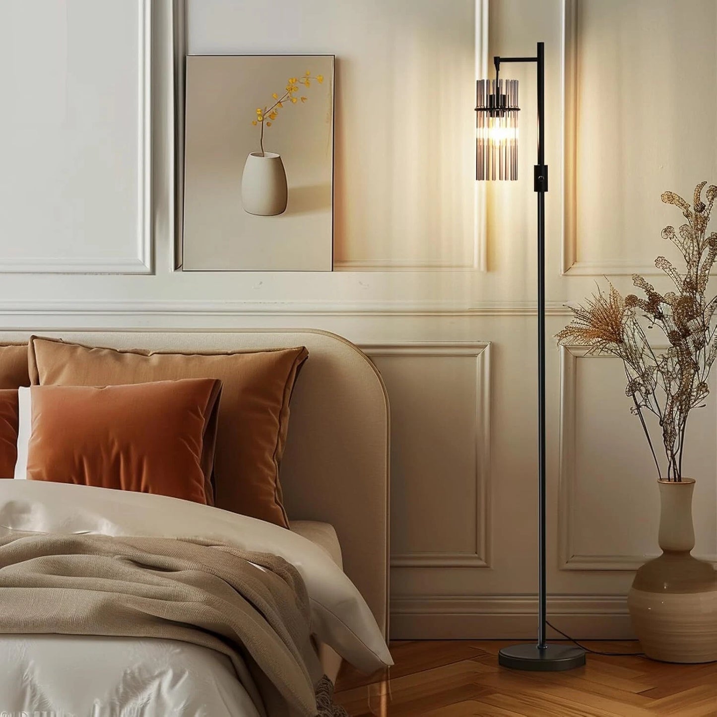 Industrial Style Black Floor Lamp with Dimmable Glass Shade for Living Room
