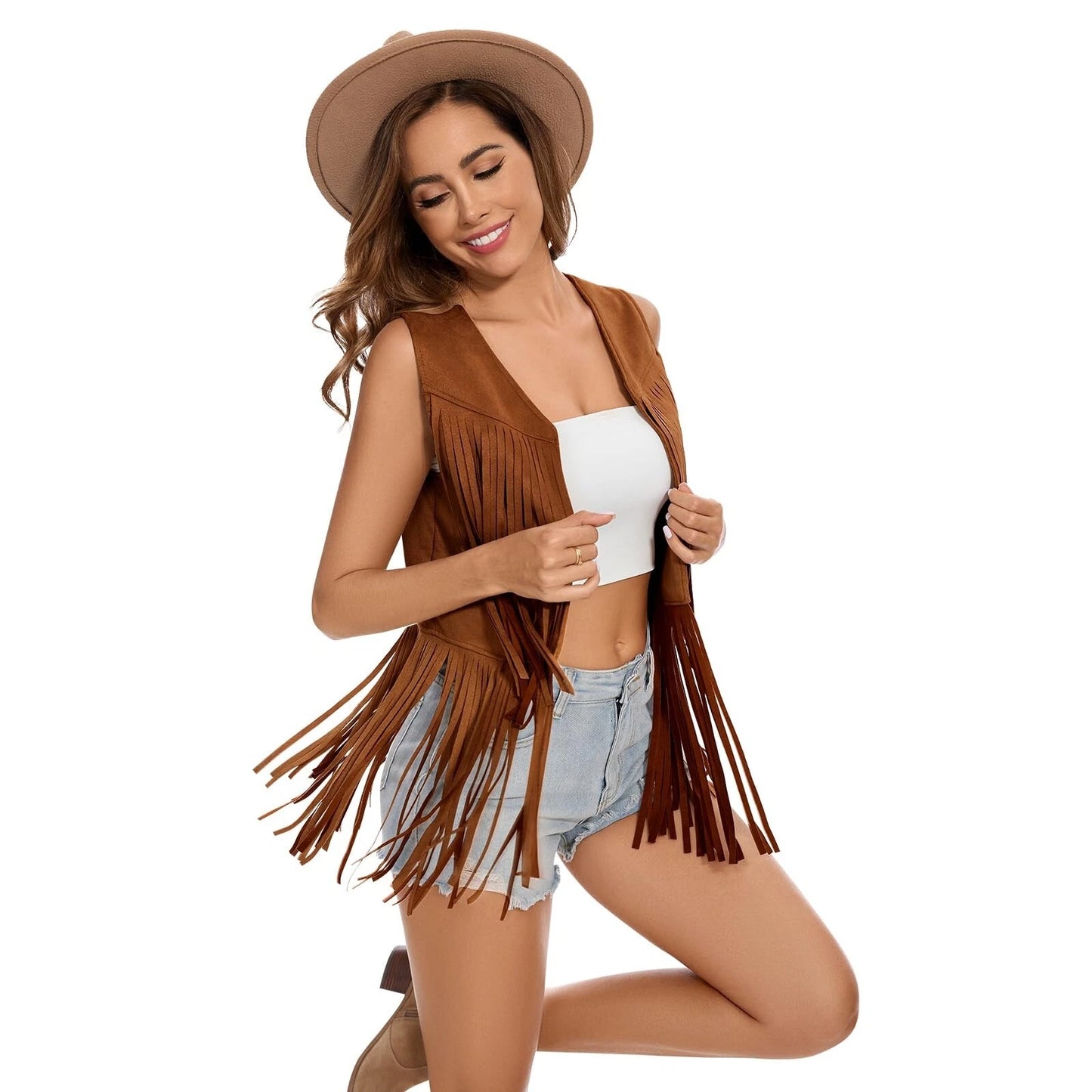 Black Faux Suede Fringe Vest for Women