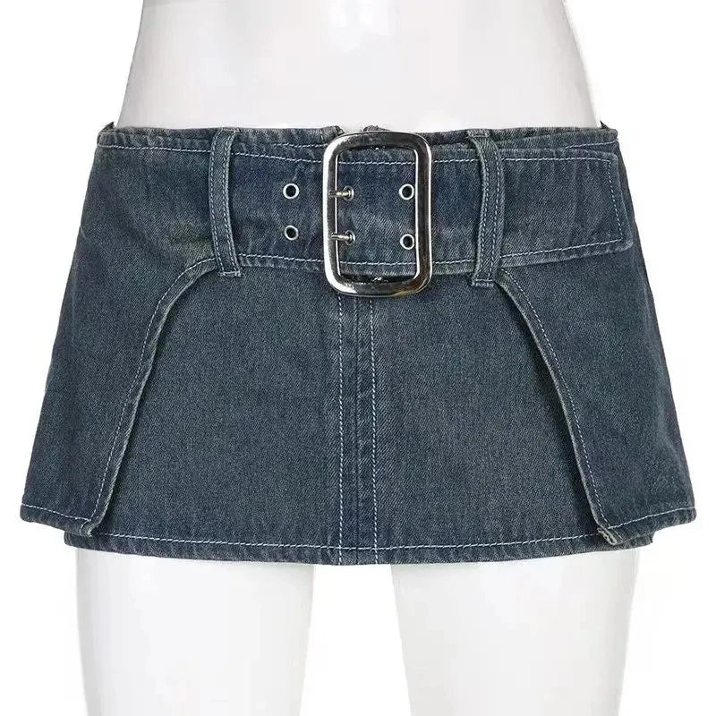 Blue jean mini skirt with silver buckle belt