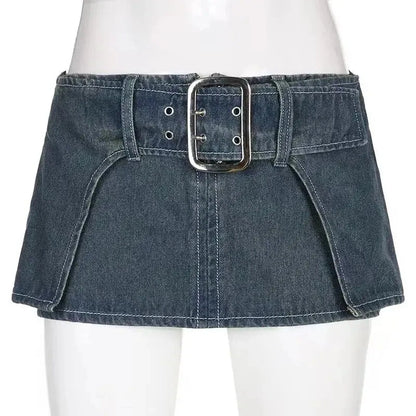 Blue jean mini skirt with silver buckle belt