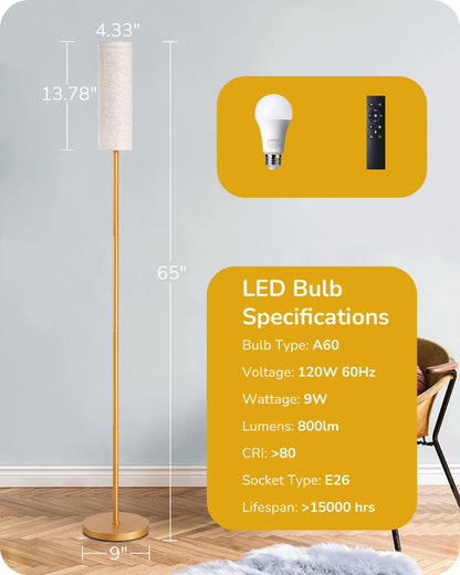 Corner Reading Floor Lamp with Remote Gold Standing Light