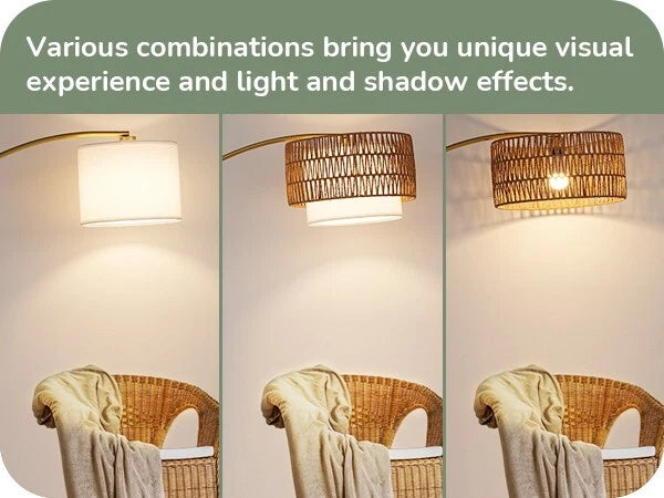 Gold Arched Boho Floor Lamp with Rattan Shade