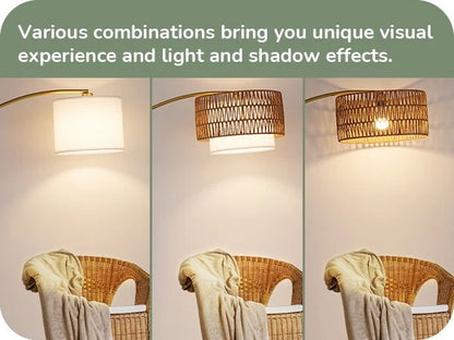 Gold Arched Boho Floor Lamp with Rattan Shade