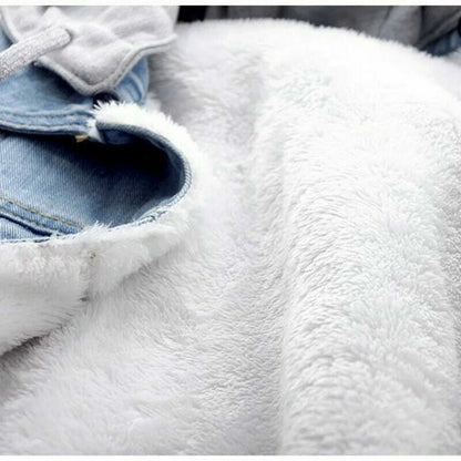Retro Blue Fur Lined Jean Jacket with Hoodie