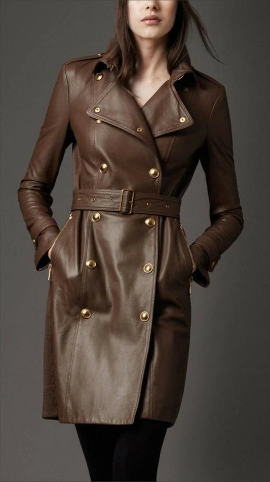 Leather Trench Coat Women Brown Button Closure Belted