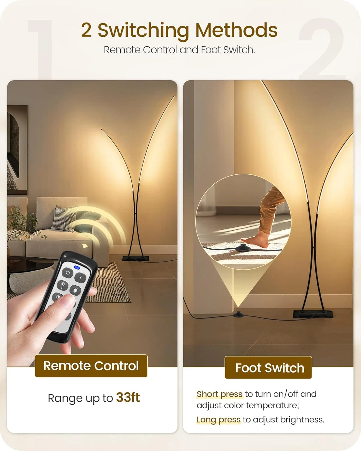Black Arc Floor Lamp with Remote, Dual Dimmable LED Lights