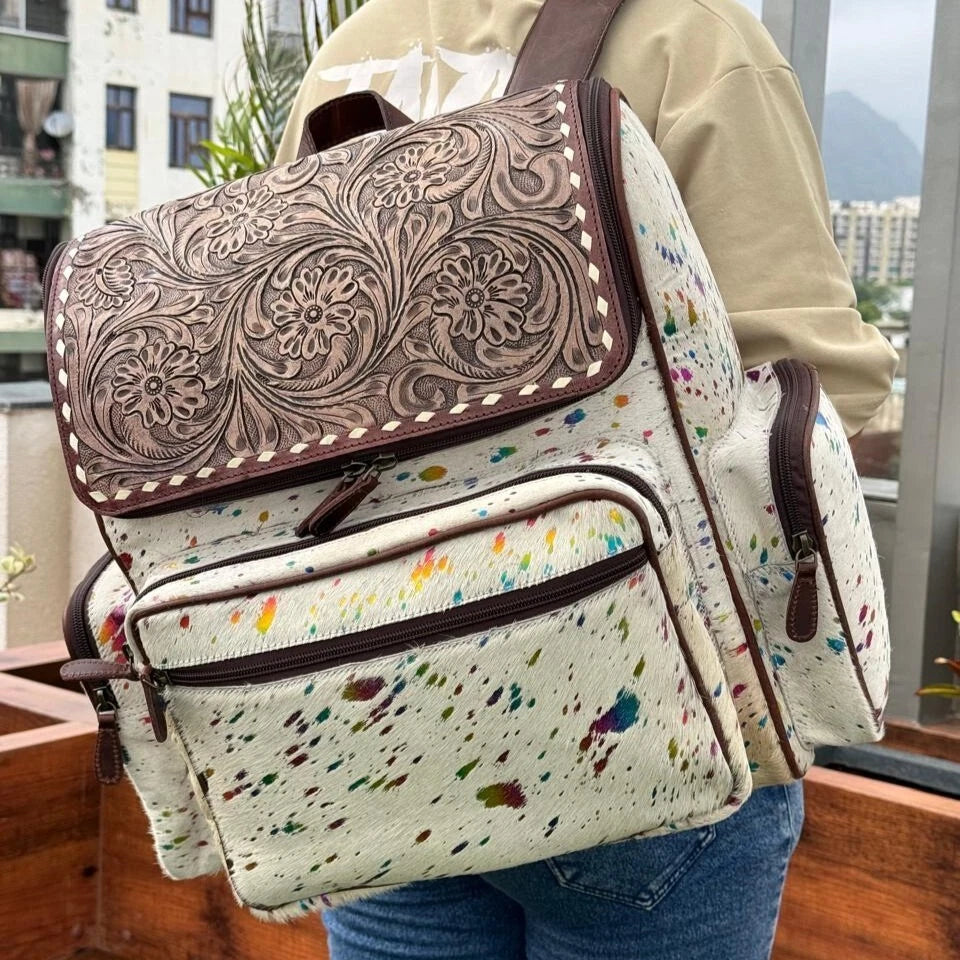 Western Metallic Hide Tooled Leather Diaper Backpack
