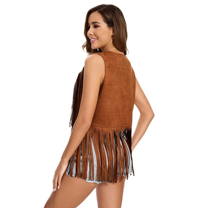 Black Faux Suede Fringe Vest for Women